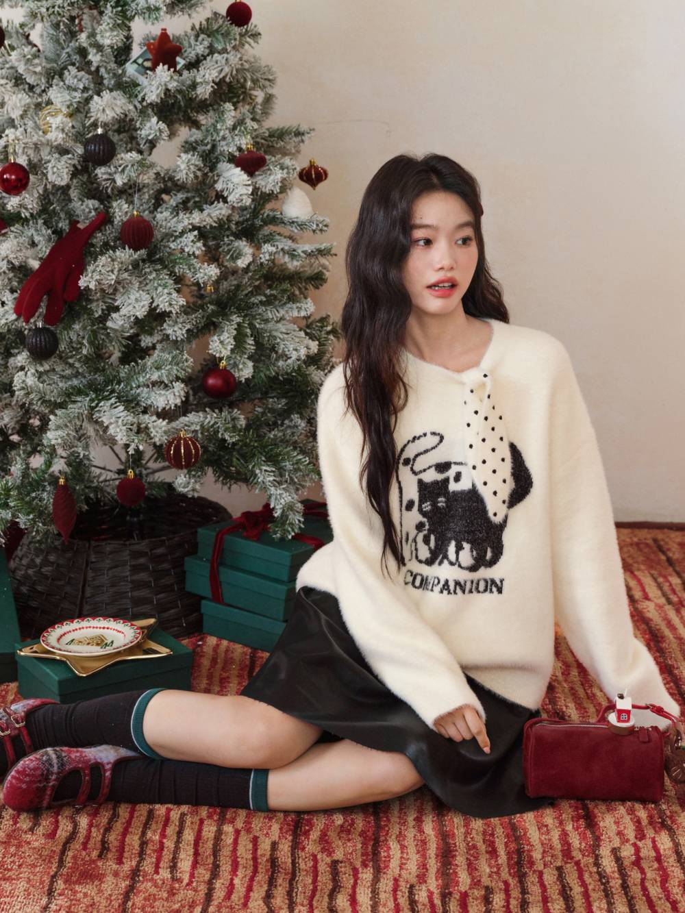 Cat Graphic Sweater with Polka Dot Tie