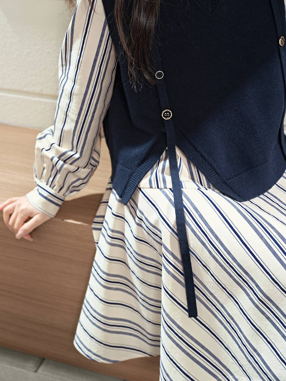 Vest and Striped Dress