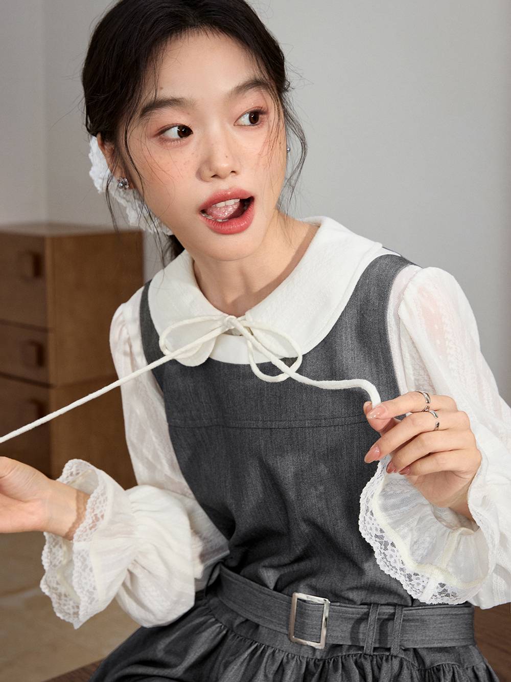 Bubble Hem Dress and White Blouse