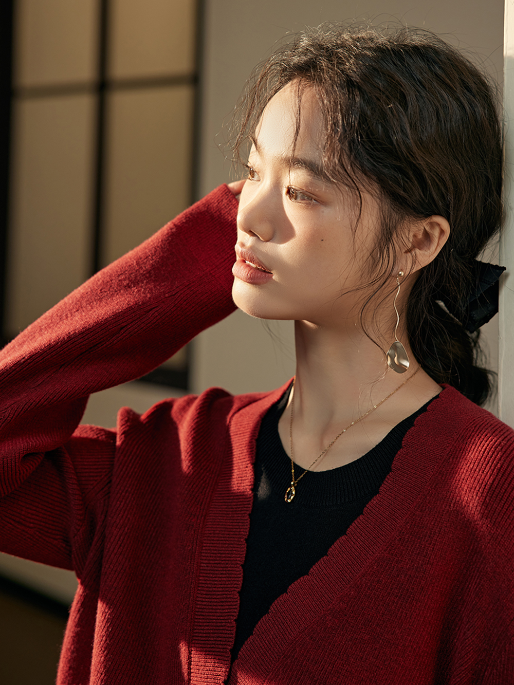 Red Cardigan and Black Dress